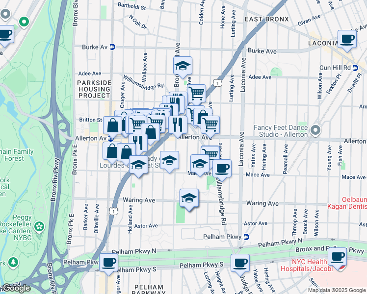 map of restaurants, bars, coffee shops, grocery stores, and more near 2548 Bronxwood Avenue in The Bronx