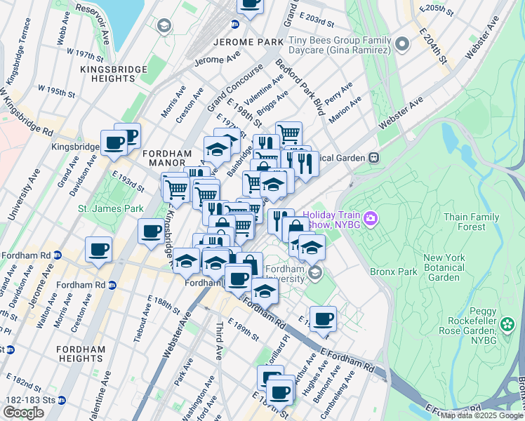 map of restaurants, bars, coffee shops, grocery stores, and more near in The Bronx