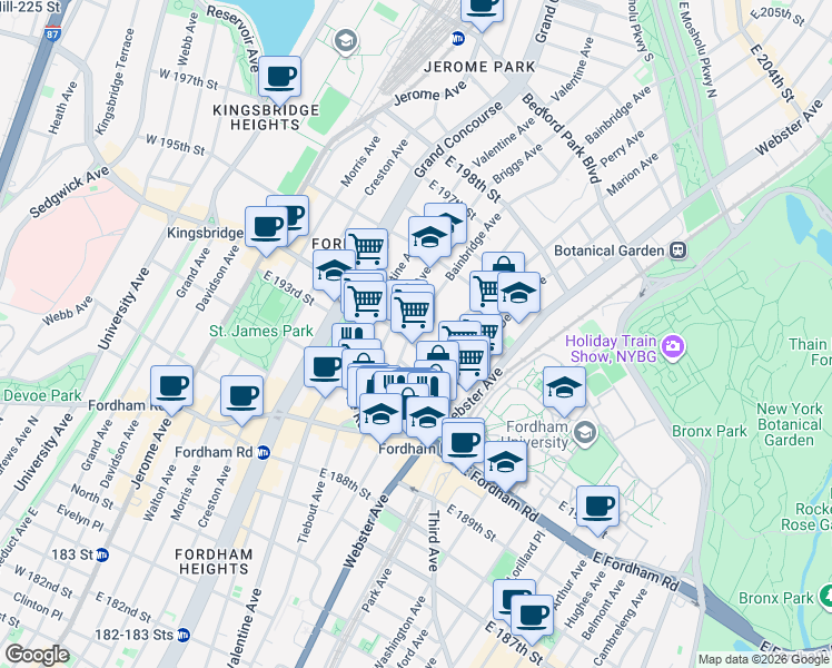 map of restaurants, bars, coffee shops, grocery stores, and more near 2652 Bainbridge Avenue in Bronx