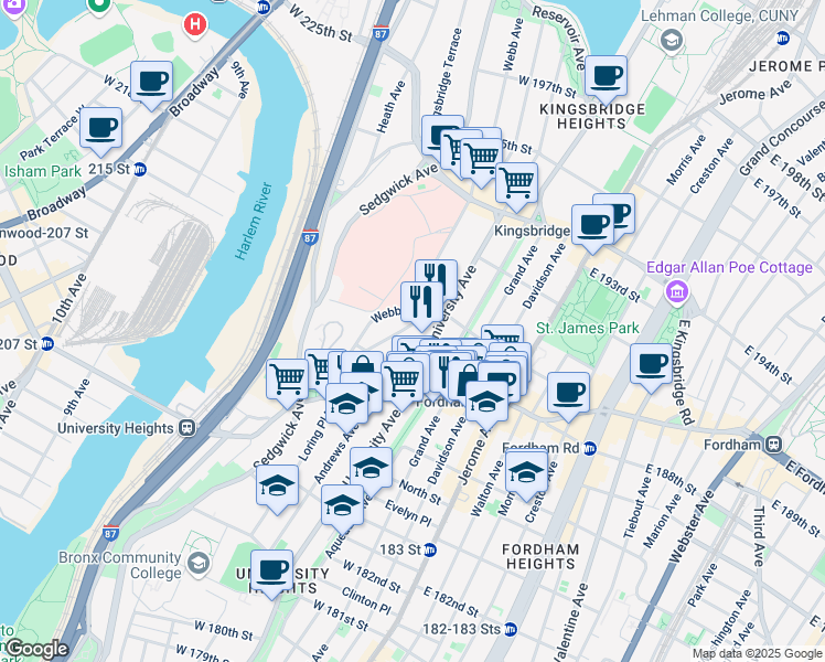 map of restaurants, bars, coffee shops, grocery stores, and more near 2472 Devoe Terrace in Bronx