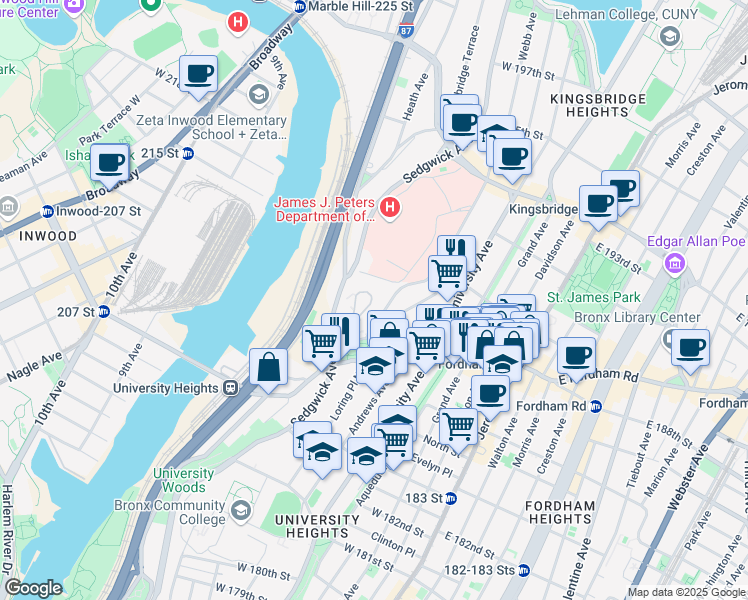 map of restaurants, bars, coffee shops, grocery stores, and more near 2420 Webb Avenue in Bronx