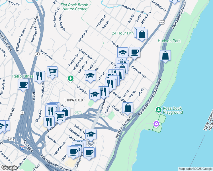 map of restaurants, bars, coffee shops, grocery stores, and more near 2455 Lemoine Avenue in Fort Lee