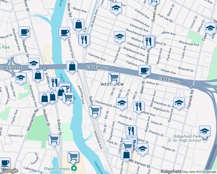 map of restaurants, bars, coffee shops, grocery stores, and more near 246 5th Street in Ridgefield Park