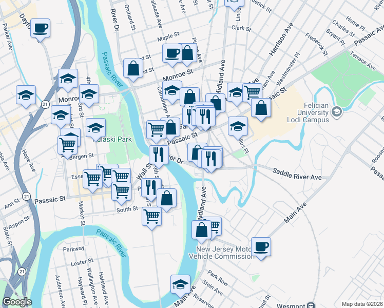map of restaurants, bars, coffee shops, grocery stores, and more near 136 River Drive in Garfield