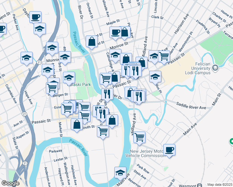 map of restaurants, bars, coffee shops, grocery stores, and more near 185 River Drive in Garfield