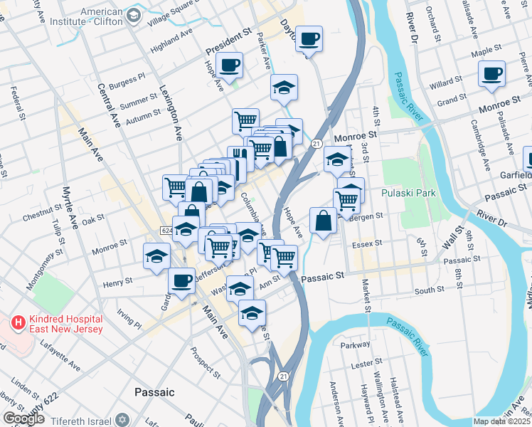 map of restaurants, bars, coffee shops, grocery stores, and more near 110 Madison Street in Passaic