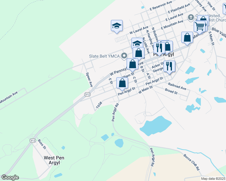 map of restaurants, bars, coffee shops, grocery stores, and more near 726 George Street in Pen Argyl