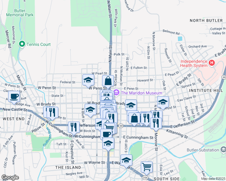 map of restaurants, bars, coffee shops, grocery stores, and more near 353 North Main Street in Butler