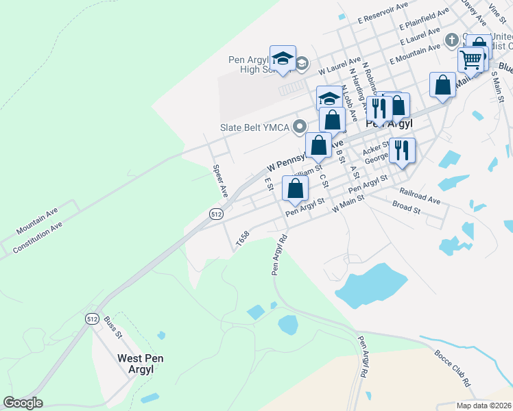 map of restaurants, bars, coffee shops, grocery stores, and more near 726 George Street in Pen Argyl