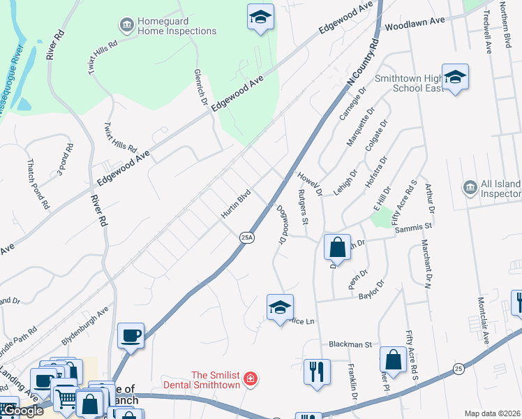 map of restaurants, bars, coffee shops, grocery stores, and more near 268 North Country Road in Smithtown