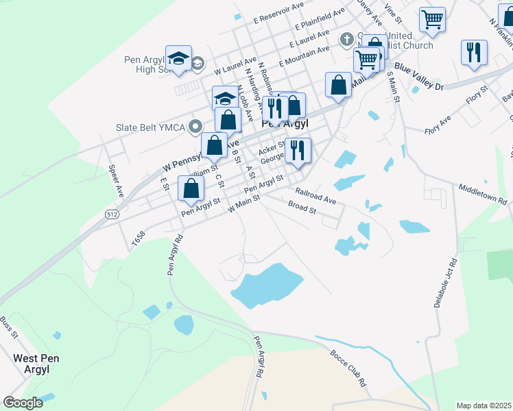 map of restaurants, bars, coffee shops, grocery stores, and more near 400 W Main St in Pen Argyl