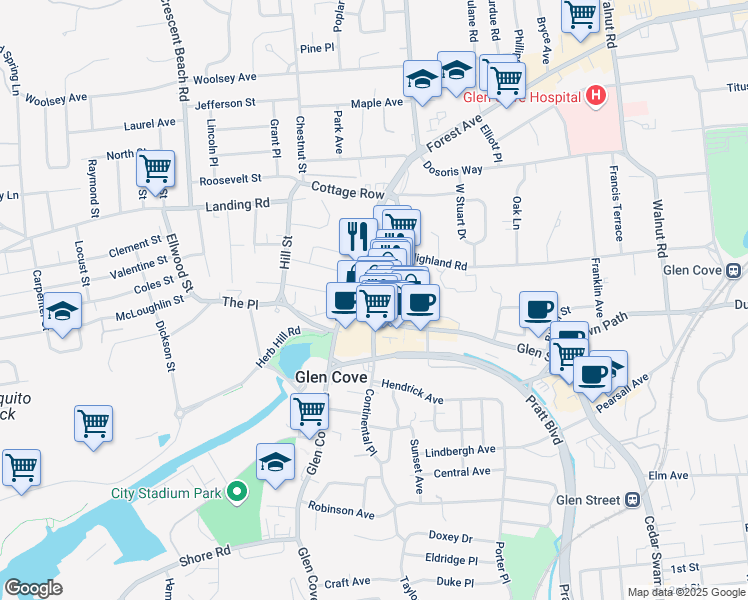 map of restaurants, bars, coffee shops, grocery stores, and more near 24 Bridge Street in Glen Cove
