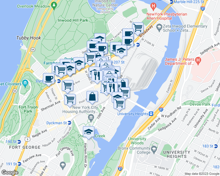 map of restaurants, bars, coffee shops, grocery stores, and more near W 207th St & Post Ave in New York