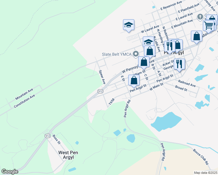 map of restaurants, bars, coffee shops, grocery stores, and more near 826 William Street in Pen Argyl