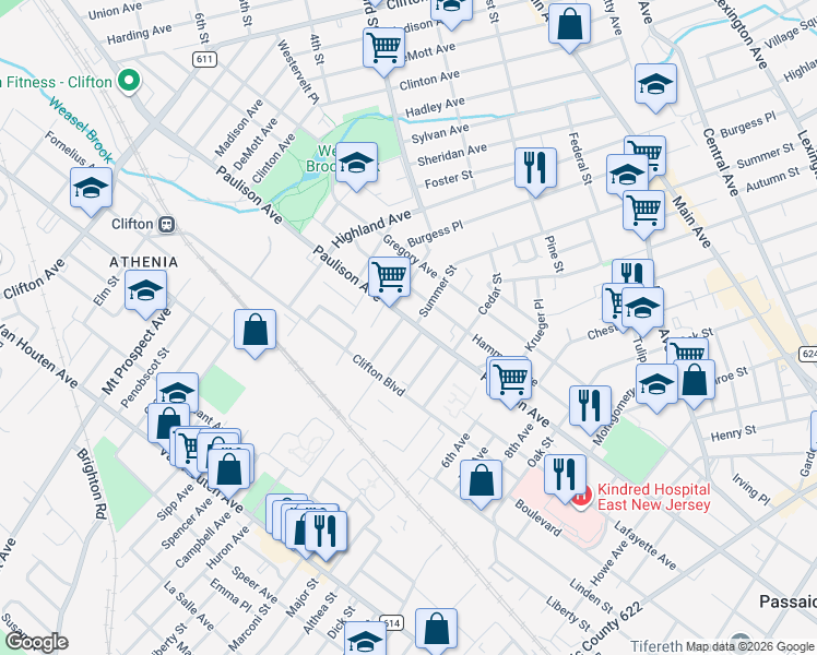map of restaurants, bars, coffee shops, grocery stores, and more near 601 Paulison Avenue in Clifton