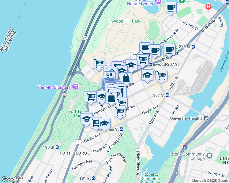 map of restaurants, bars, coffee shops, grocery stores, and more near 11 Vermilyea Avenue in New York