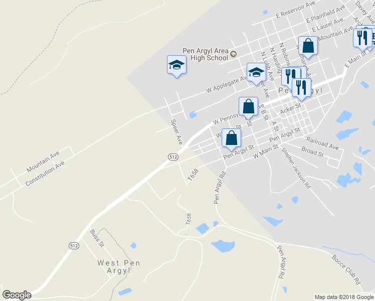map of restaurants, bars, coffee shops, grocery stores, and more near 828 William Street in Pen Argyl