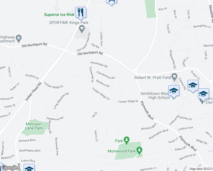 map of restaurants, bars, coffee shops, grocery stores, and more near 15 Barbera Road in Commack