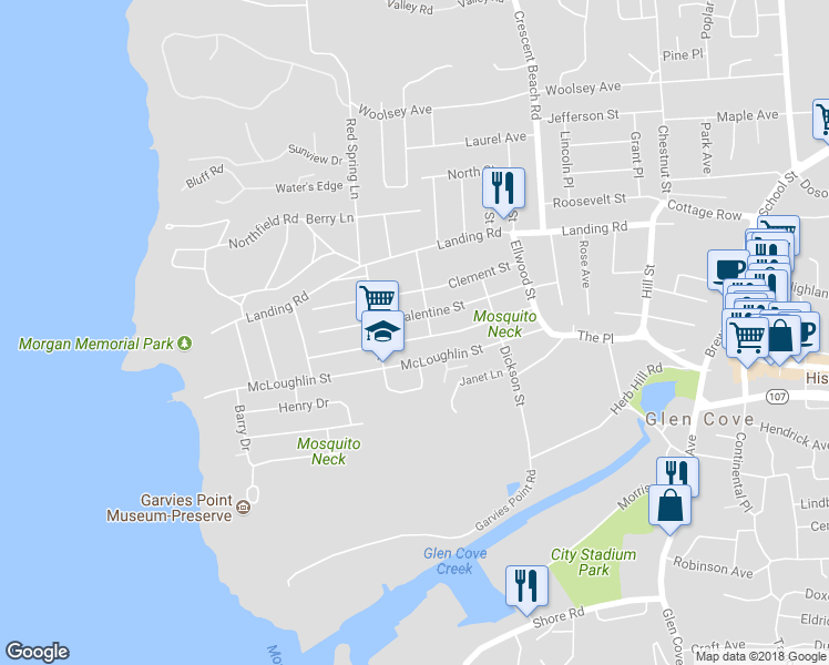 map of restaurants, bars, coffee shops, grocery stores, and more near 52 Coles Street in Glen Cove