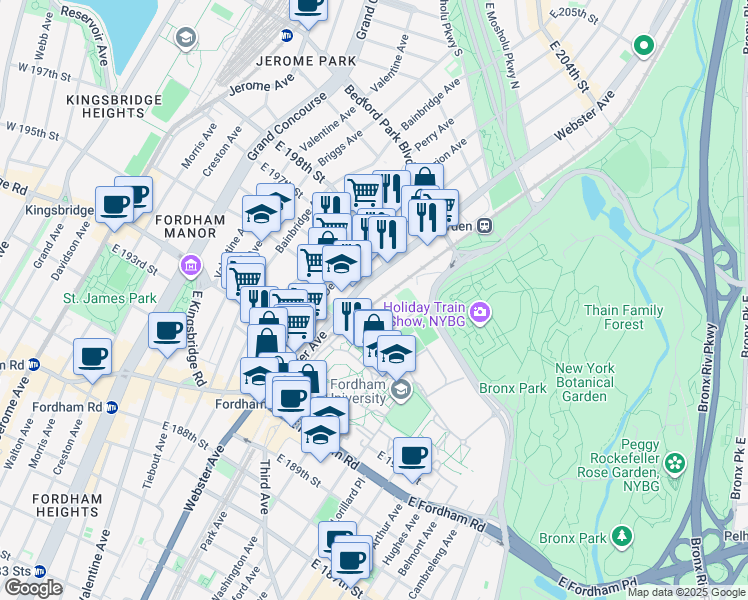 map of restaurants, bars, coffee shops, grocery stores, and more near in Bronx