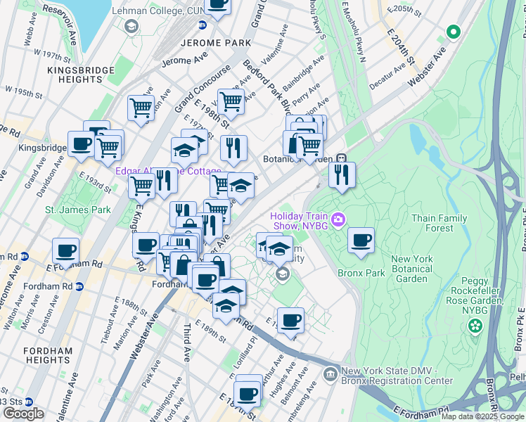 map of restaurants, bars, coffee shops, grocery stores, and more near in Bronx