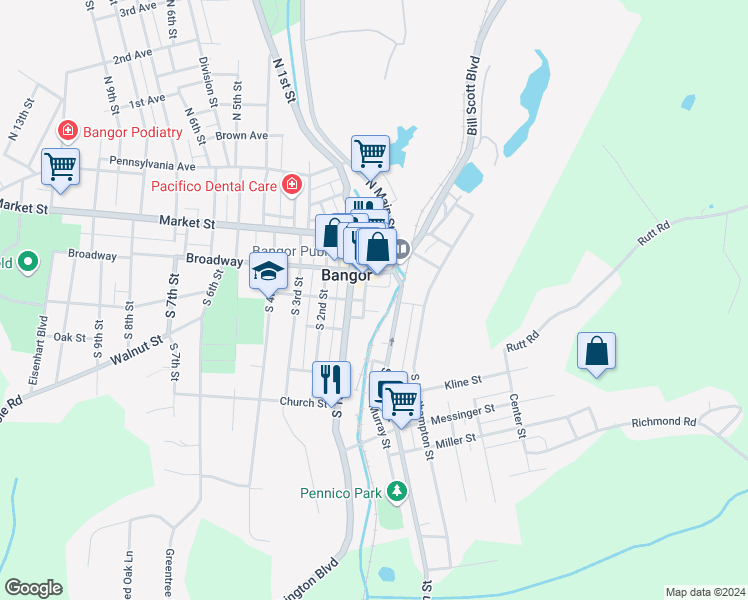 map of restaurants, bars, coffee shops, grocery stores, and more near 101 Murray Street in Bangor