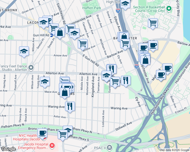 map of restaurants, bars, coffee shops, grocery stores, and more near 2567 Kingsland Avenue in Bronx