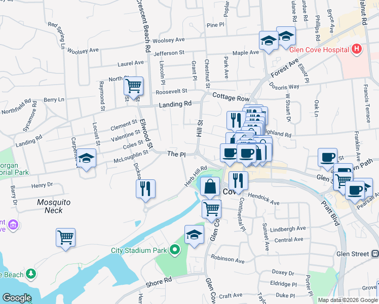map of restaurants, bars, coffee shops, grocery stores, and more near 4 The Place in Glen Cove