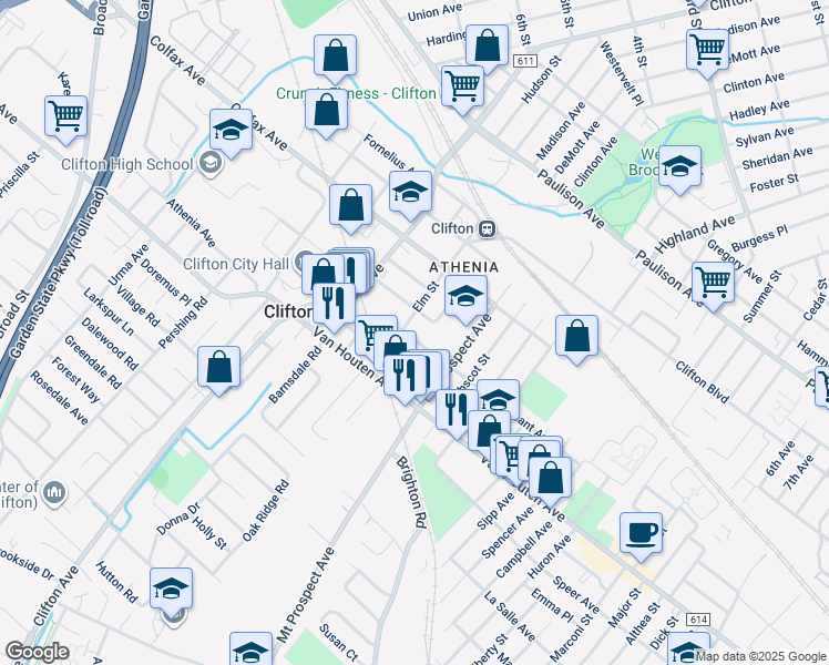 map of restaurants, bars, coffee shops, grocery stores, and more near 164 Sargeant Avenue in Clifton
