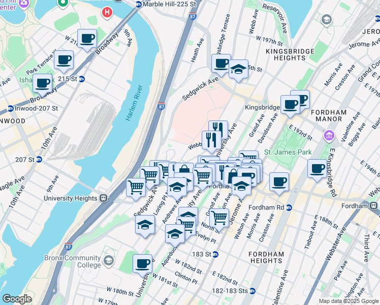 map of restaurants, bars, coffee shops, grocery stores, and more near 2420 Webb Avenue in Bronx