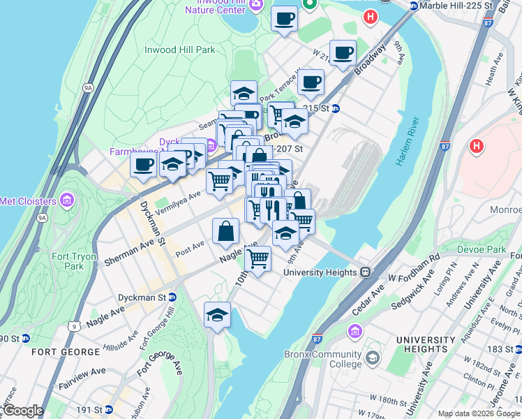 map of restaurants, bars, coffee shops, grocery stores, and more near 130 Post Avenue in New York