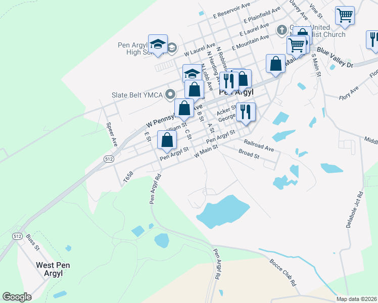 map of restaurants, bars, coffee shops, grocery stores, and more near 529 West Main Street in Pen Argyl