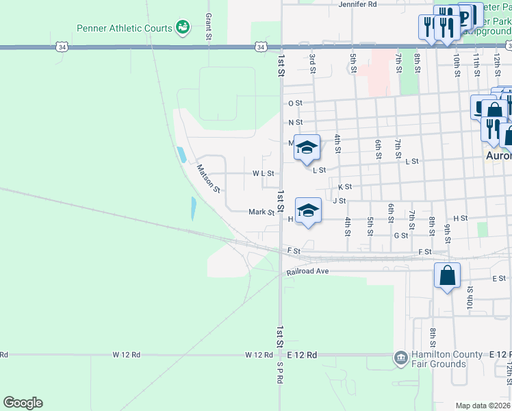 map of restaurants, bars, coffee shops, grocery stores, and more near 120 Mark Street in Aurora