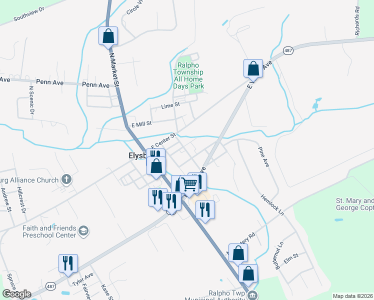map of restaurants, bars, coffee shops, grocery stores, and more near 198 East Barton Avenue in Elysburg