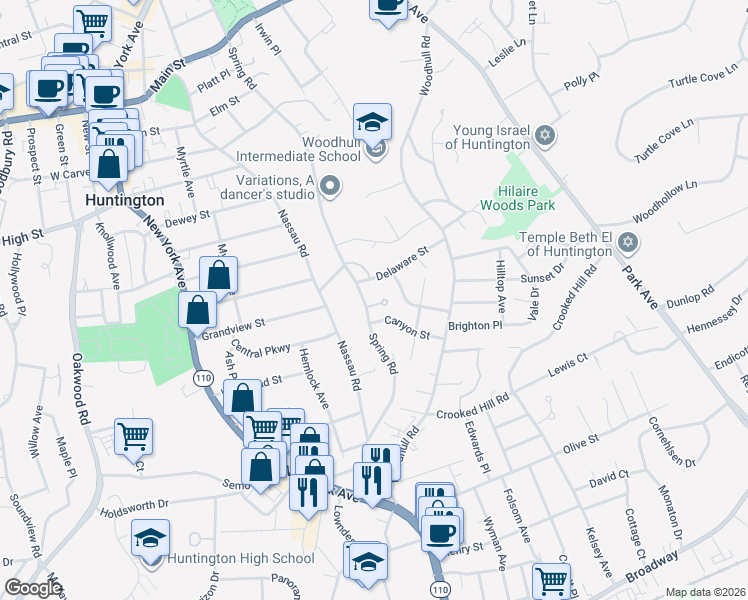 map of restaurants, bars, coffee shops, grocery stores, and more near 14 Spring Court in Huntington