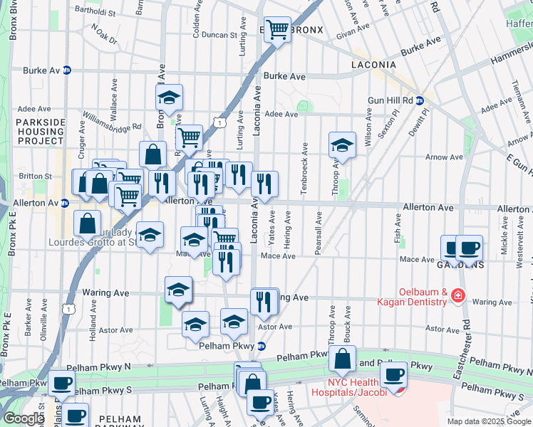 map of restaurants, bars, coffee shops, grocery stores, and more near 2546 Laconia Avenue in The Bronx
