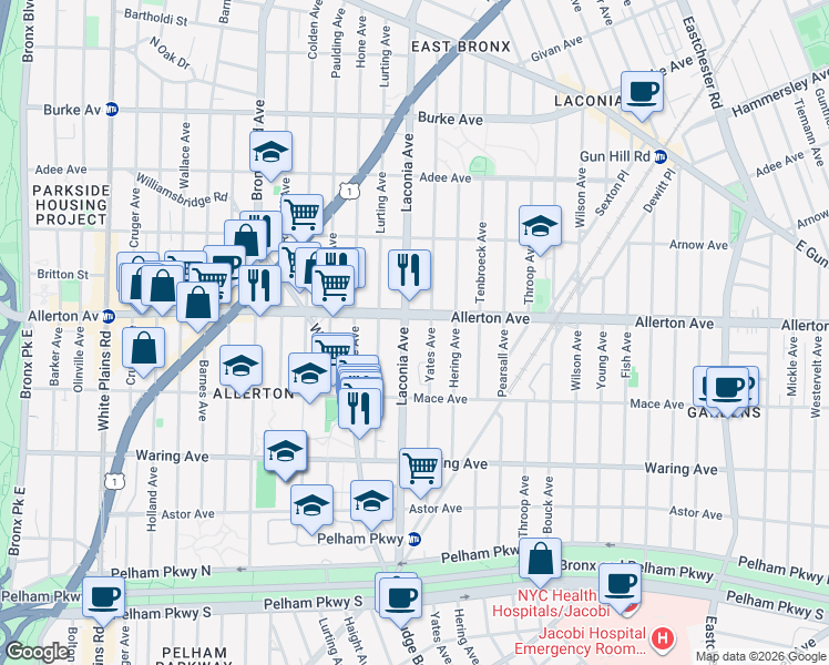 map of restaurants, bars, coffee shops, grocery stores, and more near 2546 Laconia Avenue in The Bronx