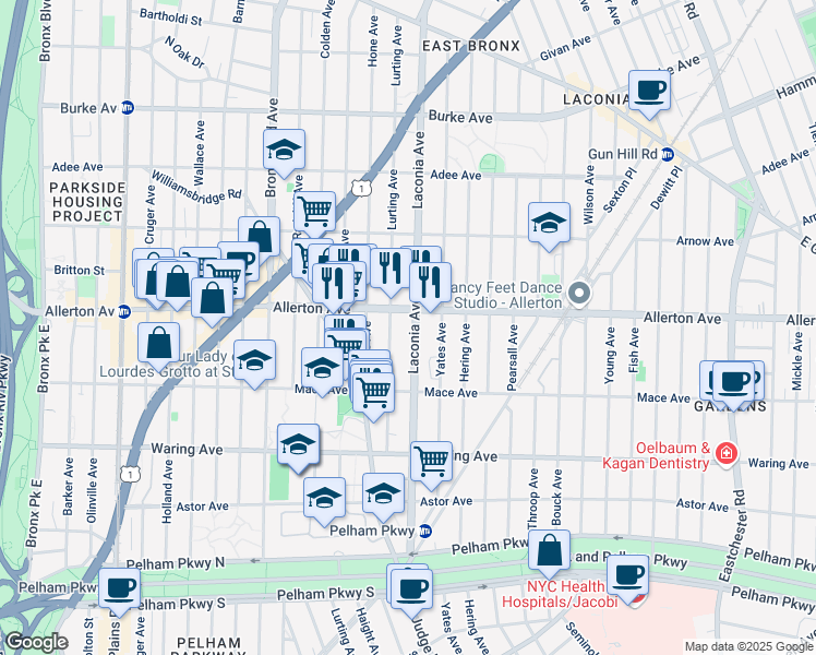 map of restaurants, bars, coffee shops, grocery stores, and more near 2546 Laconia Avenue in The Bronx