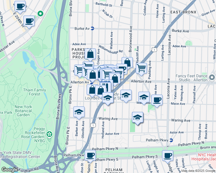map of restaurants, bars, coffee shops, grocery stores, and more near 2513 Wallace Avenue in Bronx
