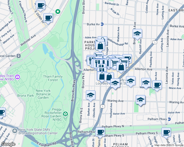 map of restaurants, bars, coffee shops, grocery stores, and more near 2540 Barker Avenue in Bronx