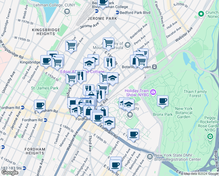 map of restaurants, bars, coffee shops, grocery stores, and more near in The Bronx