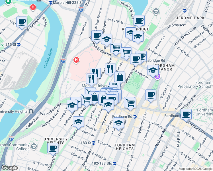 map of restaurants, bars, coffee shops, grocery stores, and more near 30 West 190th Street in Bronx