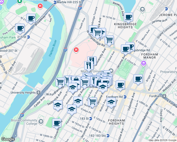 map of restaurants, bars, coffee shops, grocery stores, and more near 2472 Devoe Terrace in Bronx