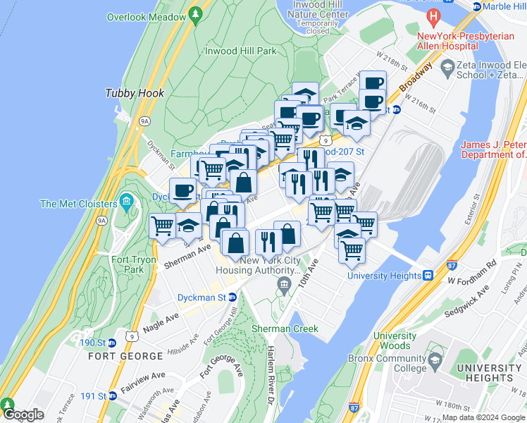map of restaurants, bars, coffee shops, grocery stores, and more near 155A Sherman Avenue in New York