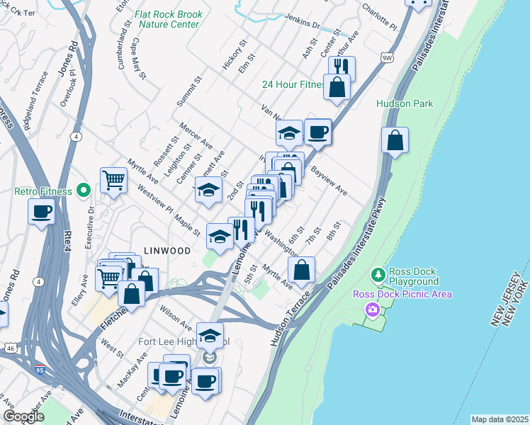 map of restaurants, bars, coffee shops, grocery stores, and more near 2455 Lemoine Avenue in Fort Lee