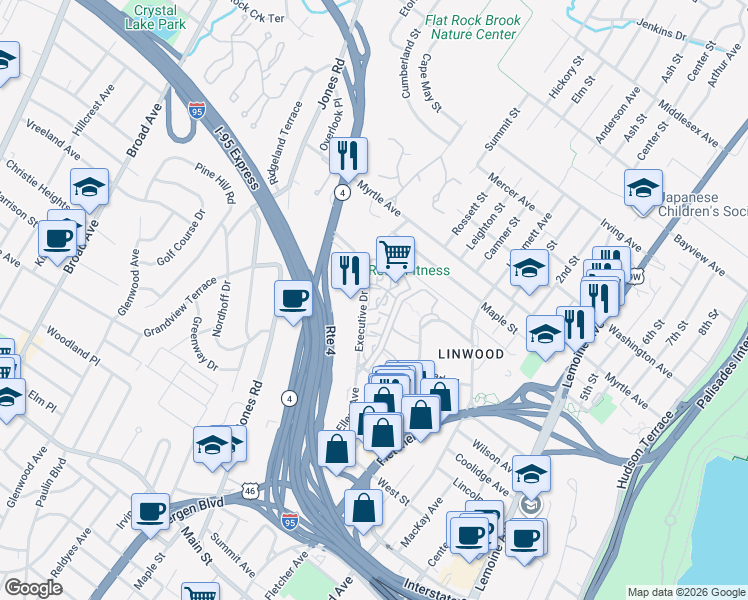 map of restaurants, bars, coffee shops, grocery stores, and more near 7310 Skyline Drive in Fort Lee