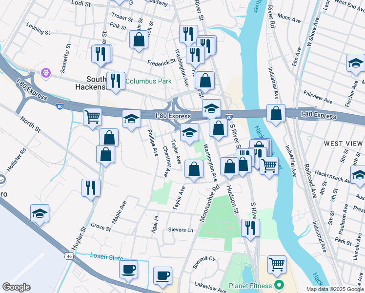 map of restaurants, bars, coffee shops, grocery stores, and more near 425 Williams Avenue in Hackensack