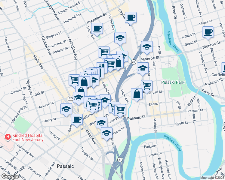 map of restaurants, bars, coffee shops, grocery stores, and more near 110 Madison Street in Passaic