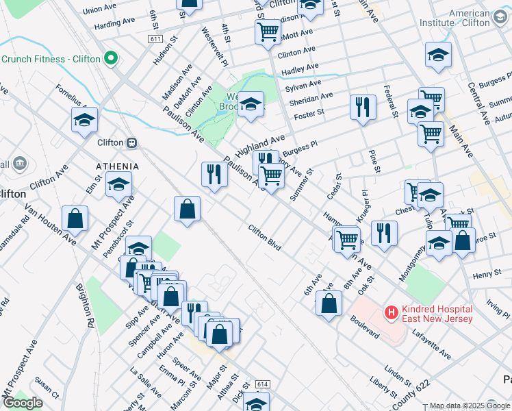map of restaurants, bars, coffee shops, grocery stores, and more near 26 Helen Place in Clifton