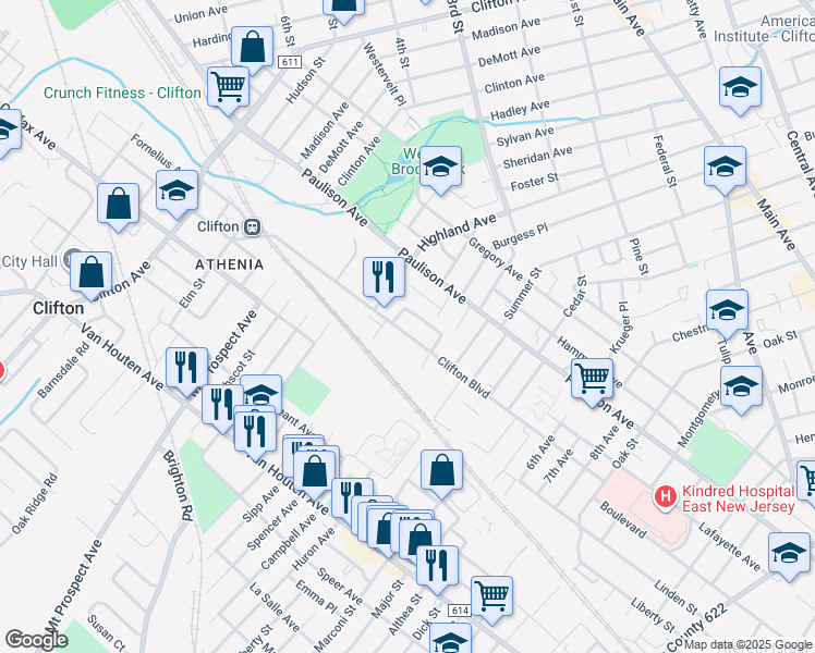 map of restaurants, bars, coffee shops, grocery stores, and more near 135 Clifton Boulevard in Clifton